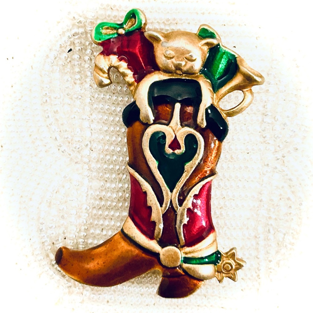 Vintage signed Don Lin Western Christmas Cowboy Boot Toys Kitten Pin Brooch